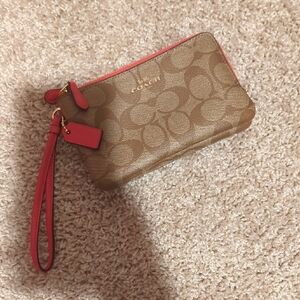 Coach Tan and Red Signature Wristlet